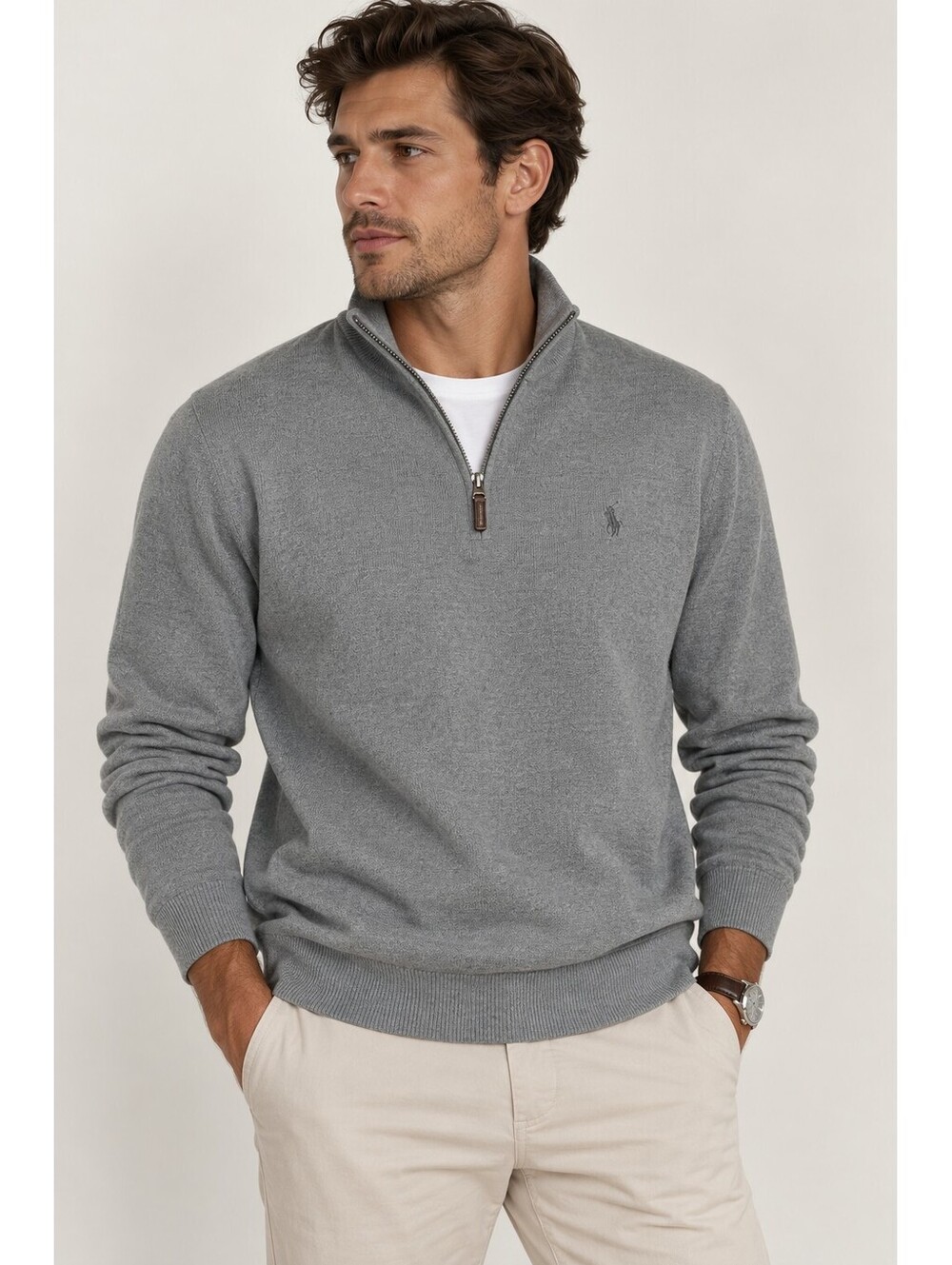Polo Ralph Lauren Men's Gray Pima Cotton Quarter Zip Preppy Classic Sweater XL